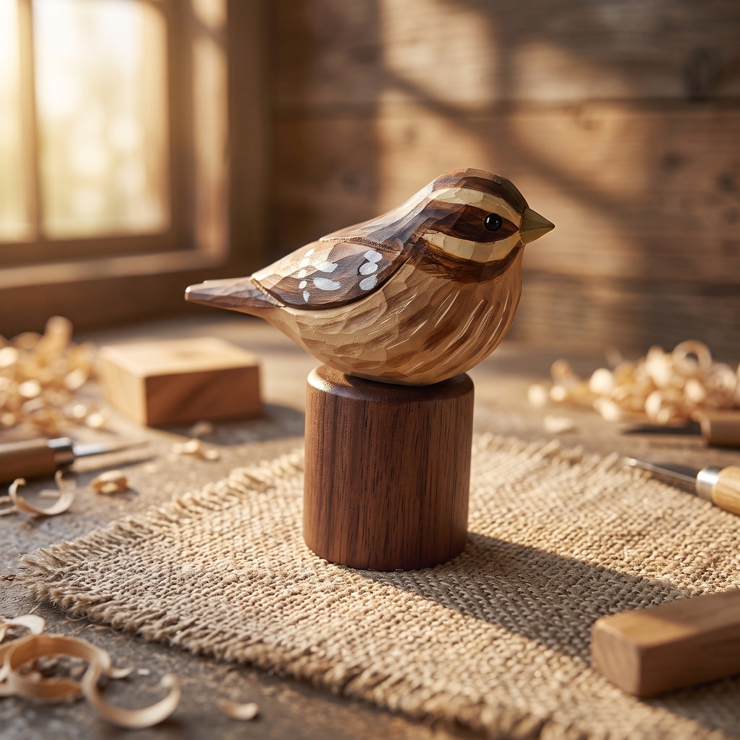 A handcrafted wooden Rose-breasted Grosbeak sculpture perched on a cylindrical wooden base, displayed on a burlap-covered work surface with wood shavings and carving tools in a warm, rustic workshop setting.