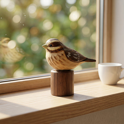 A carved wooden Rose-breasted Grosbeak figurine with brown and cream stripes sits on a cylindrical wooden base on a light wood windowsill, with a white mug nearby and a blurred outdoor garden view through the window.