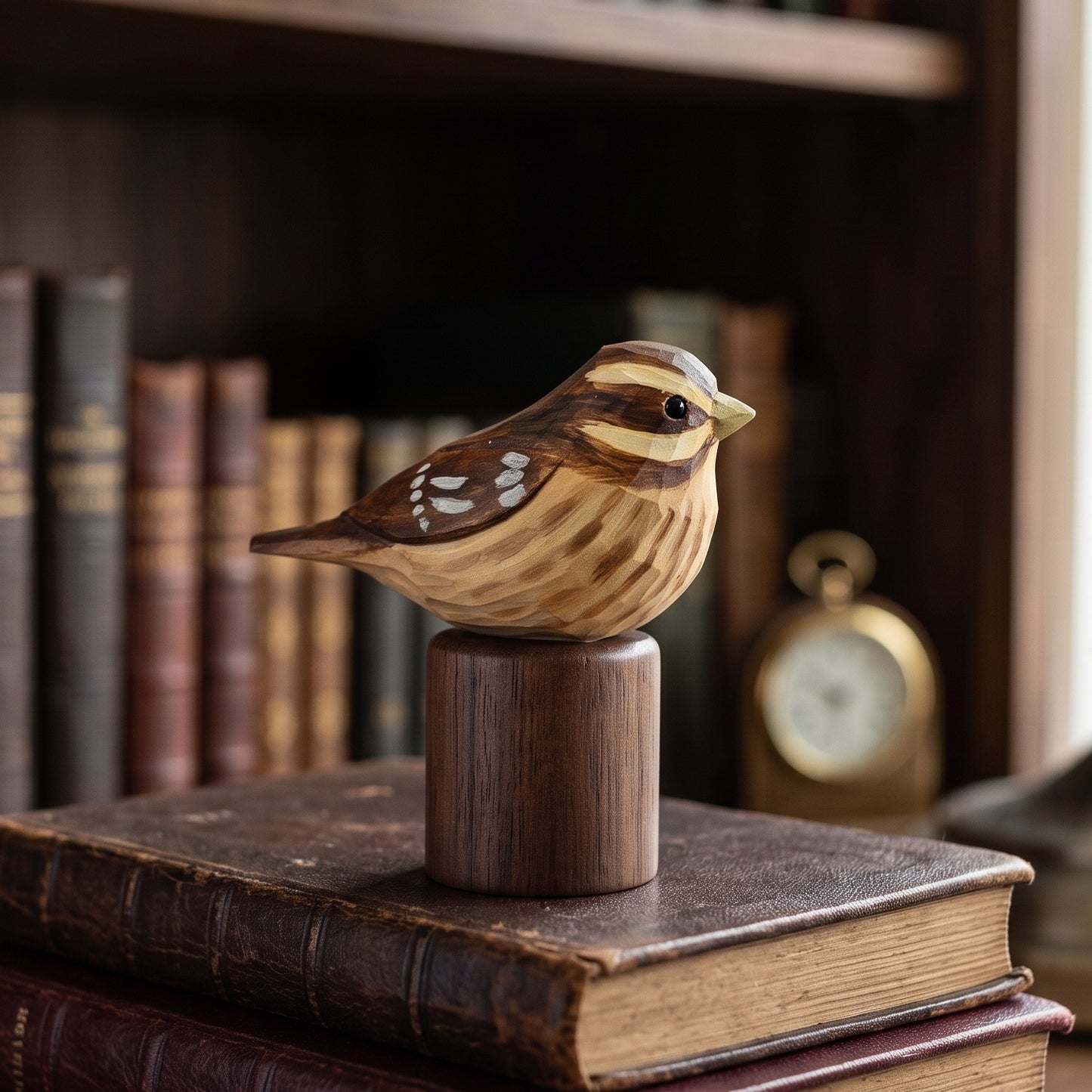 A handcrafted wooden Rose-breasted Grosbeak figurine with natural wood grain patterns, perched on a cylindrical wooden base resting on a stack of vintage books in front of a dark wooden bookshelf.