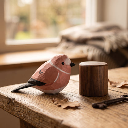 A handcrafted wooden Rosefinch figurine in terracotta pink, white, and black, displayed on a rustic wooden table next to a small wooden cylinder and an antique key, with a softly blurred cozy interior background.
