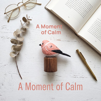 A pink and black Rosefinch figurine on a small wooden block, styled in a flat lay with an open book, eyeglasses, dried eucalyptus leaves, and a gold pen on a white wooden surface. Text overlays read 'A Moment of Calm'.