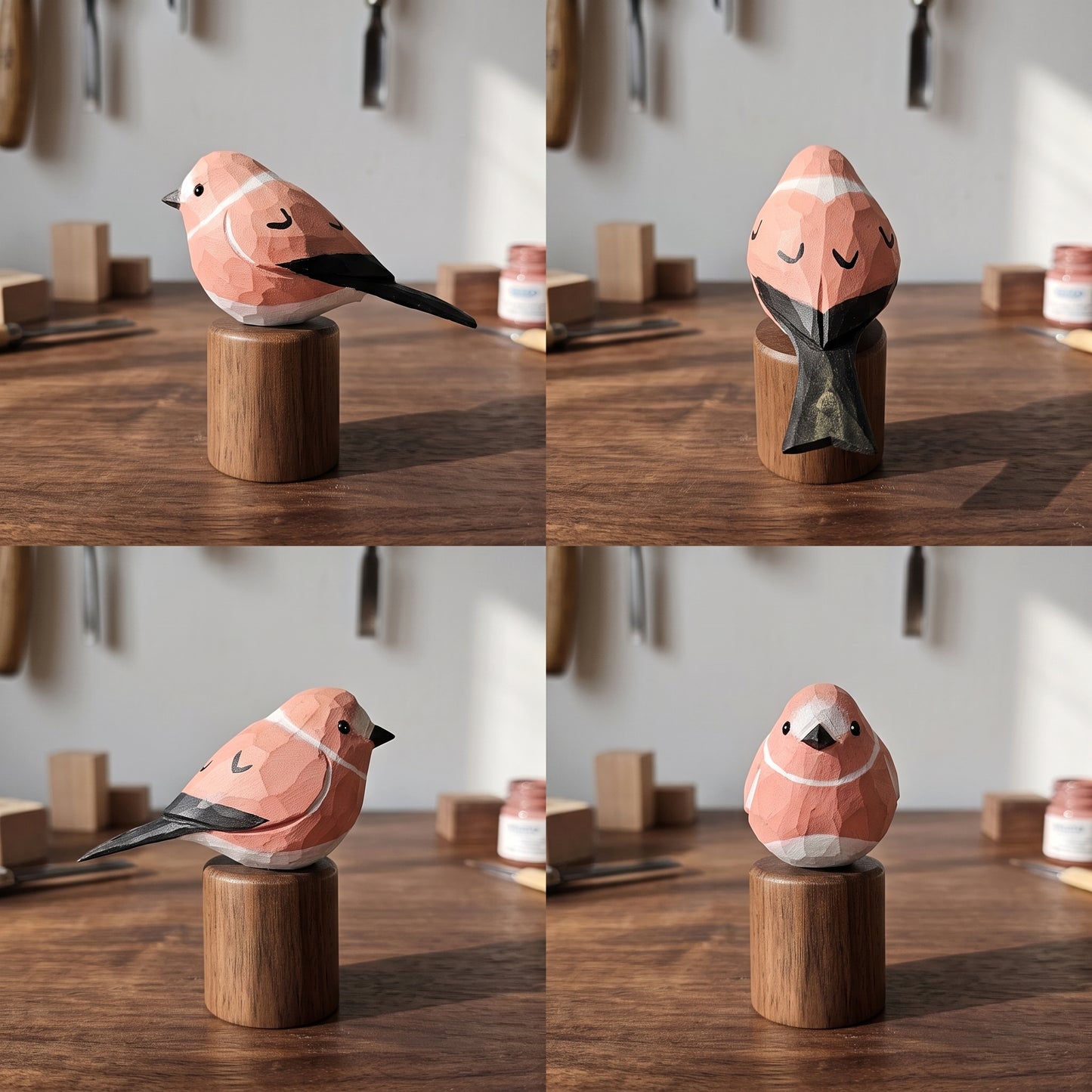 Four-panel collage showing a small Rosefinch-shaped wooden figurine in different poses and expressions, mounted on cylindrical wooden stands on a wooden table. The bird is primarily peach-pink with black wings/eye details and white facial accents.