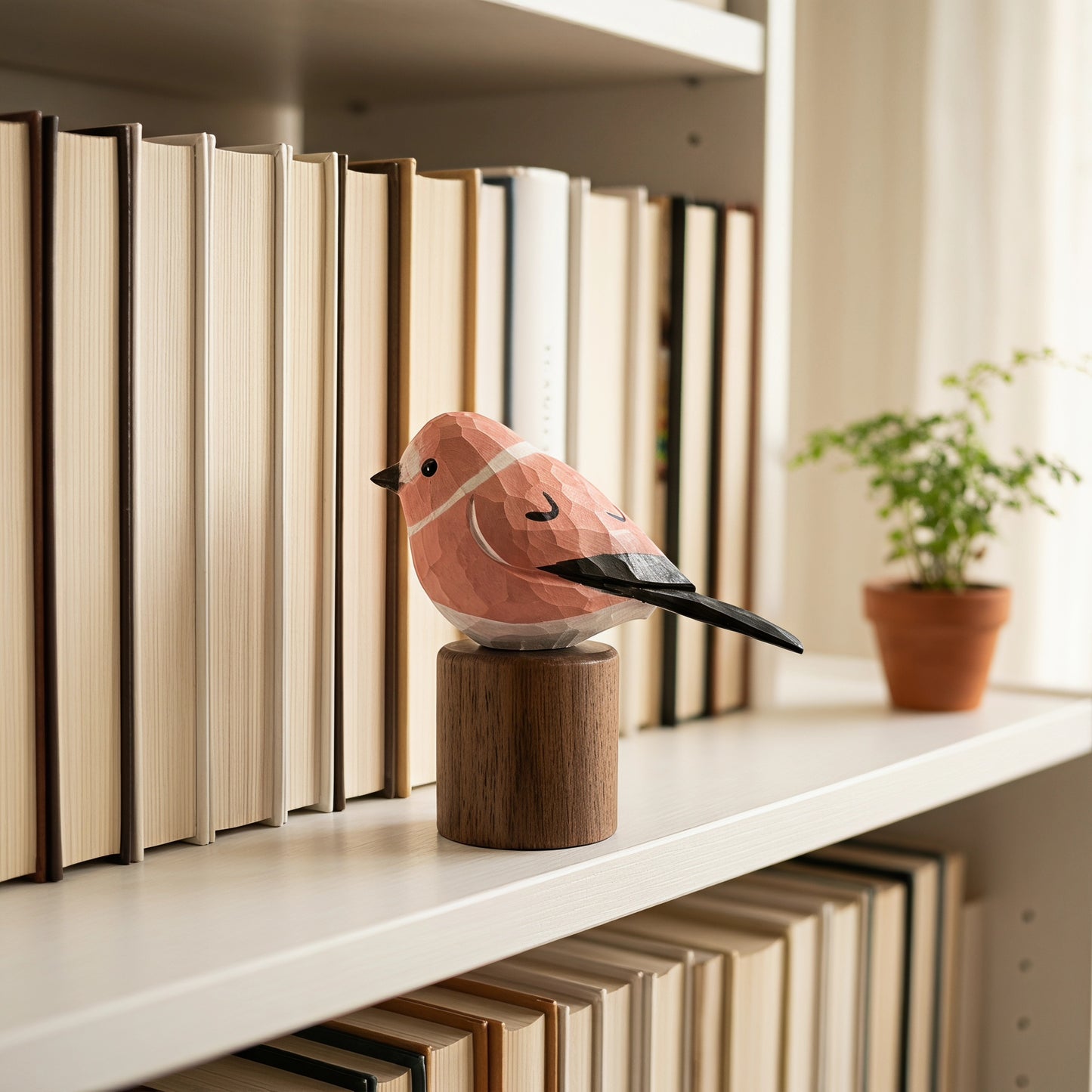 A geometric pink Rosefinch figurine with black and white details sits on a round wooden base, displayed on a white bookshelf next to a small potted plant.