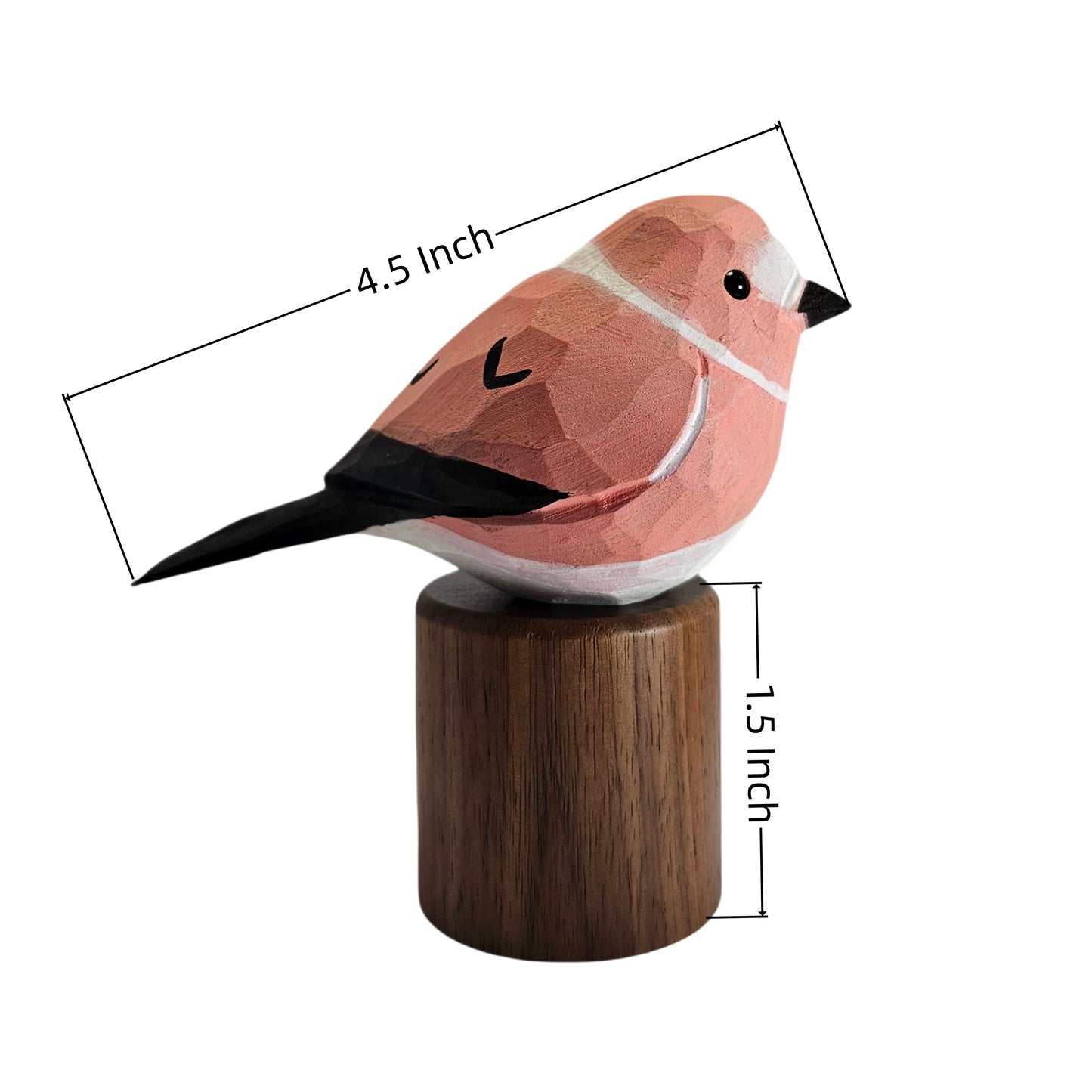 Handcrafted Rosefinch Figurine | Basswood Bird Sculpture with Black Walnut Base