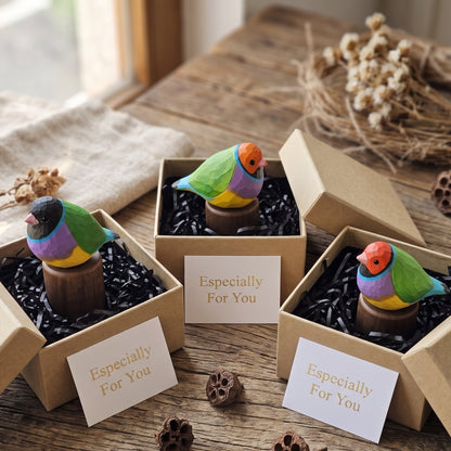 Three small colorful Gouldian finch figurines displayed in open kraft gift boxes with black shredded filler and handwritten cards reading 'Especially For You,' arranged on a rustic wooden table with dried floral decor.