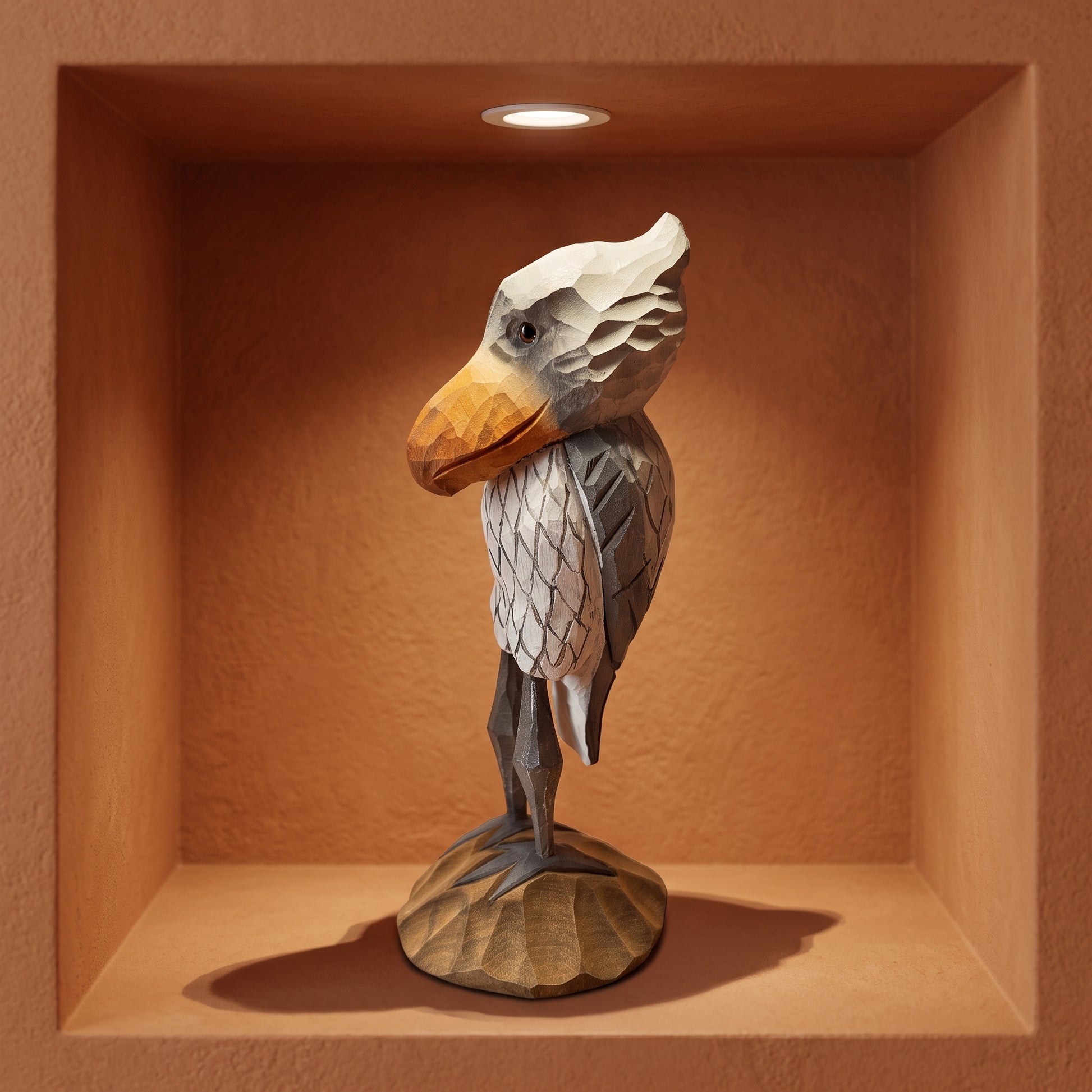 A carved Shoebill figurine with a white and gray body, orange beak, and dark legs, displayed inside a terracotta-colored recessed shelf with a small overhead light.