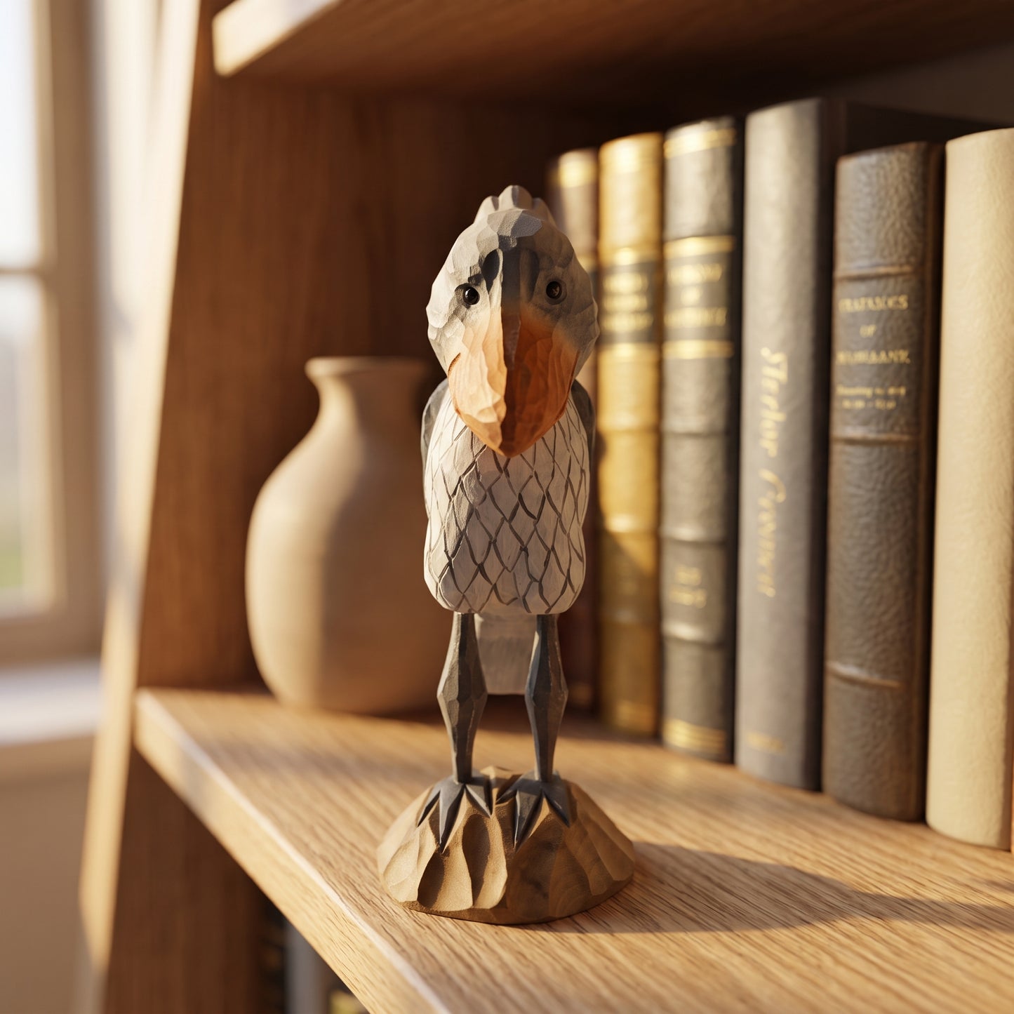 A hand-carved wooden Shoebill figurine with a detailed patterned body, orange beak, and dark legs, standing on a wooden bookshelf next to a ceramic vase and books.