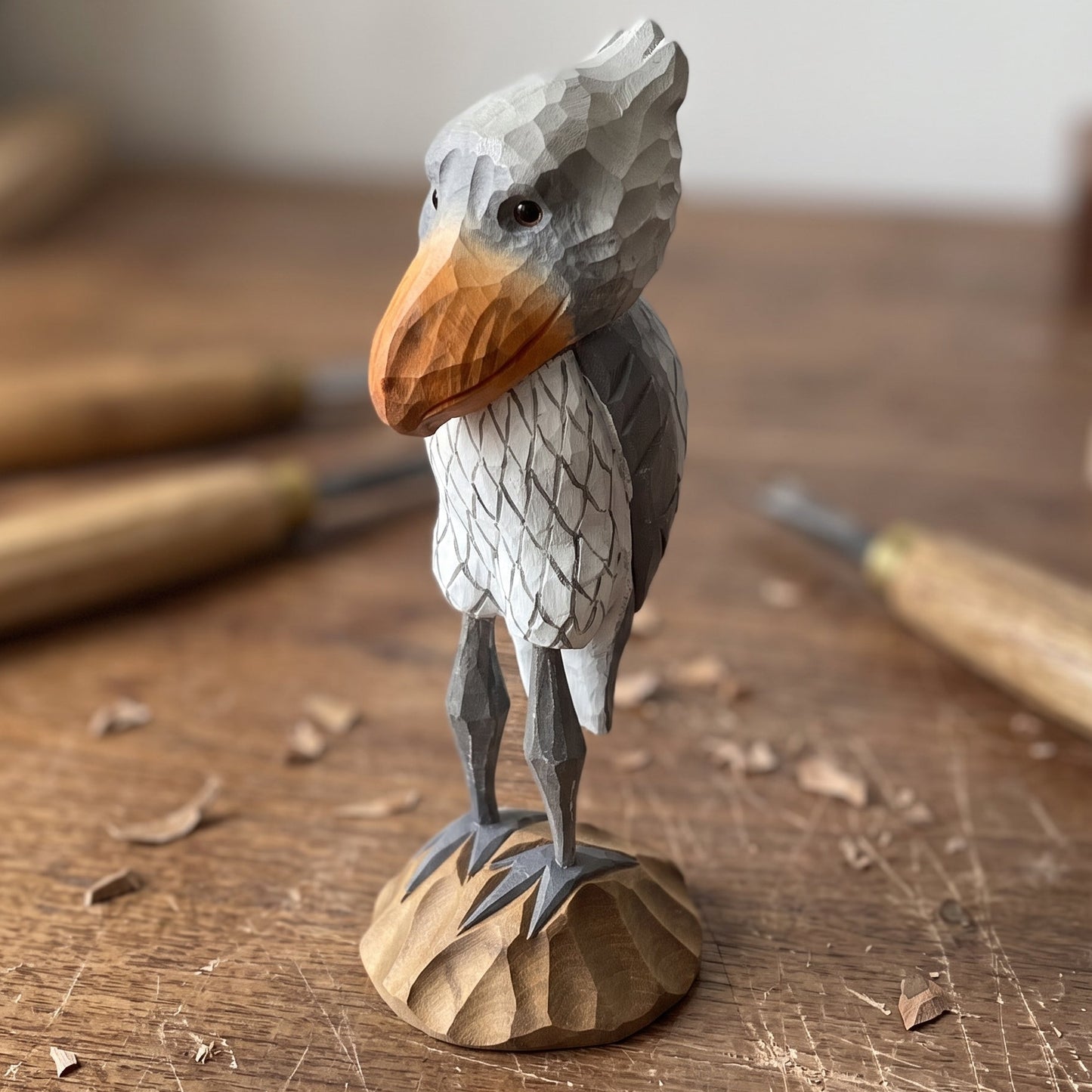 A hand-carved Shoebill figurine with a gray body, orange beak, and textured wood base, displayed on a wooden workbench with carving tools blurred in the background.