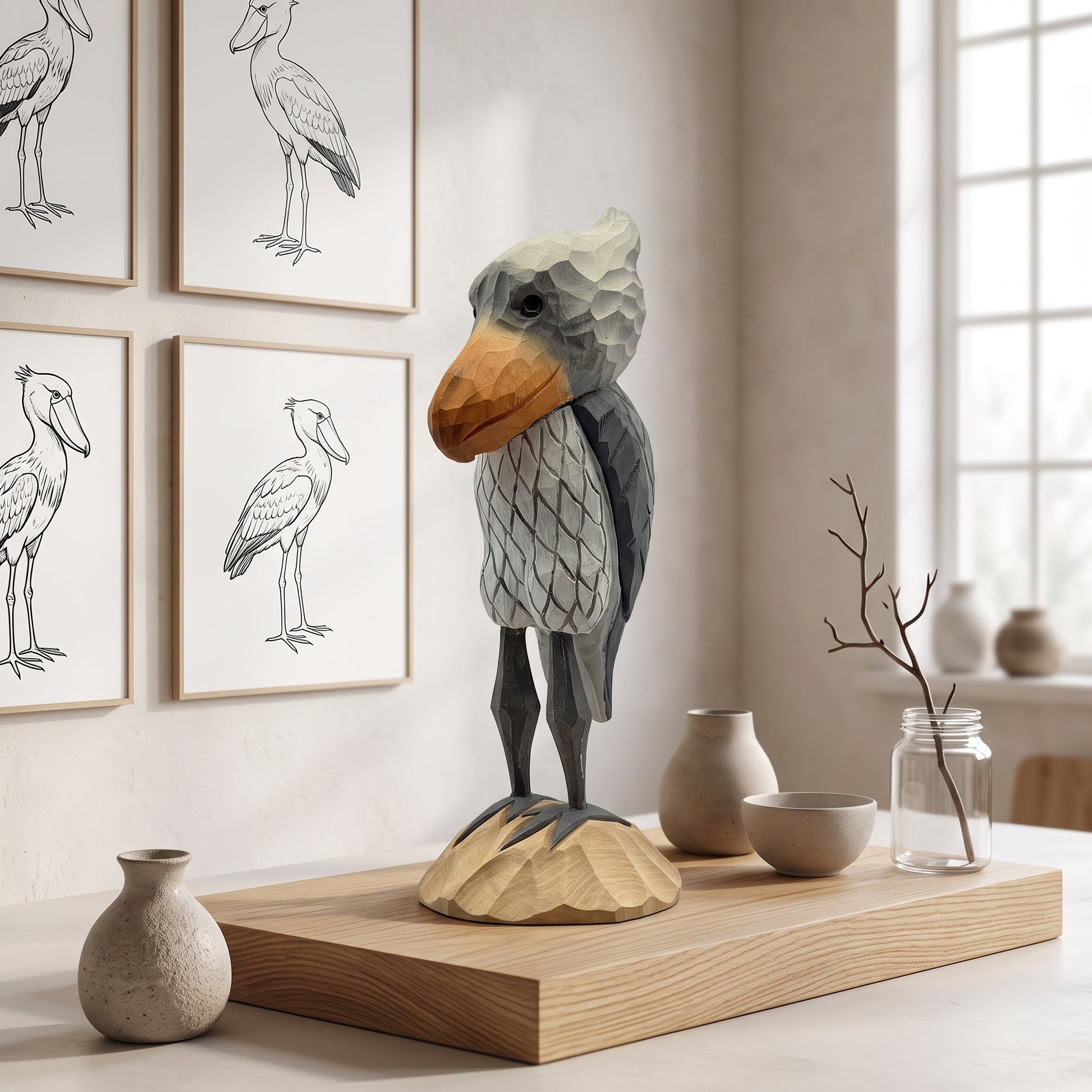 A sculptural Shoebill figurine with a geometric, faceted texture stands on a wooden base in a styled interior setting. The background features framed bird sketches on a beige wall, soft window light, and minimalist ceramic vases.