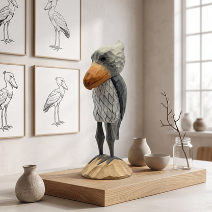 A sculptural Shoebill figurine with a geometric, faceted texture stands on a wooden base in a styled interior setting. The background features framed bird sketches on a beige wall, soft window light, and minimalist ceramic vases.