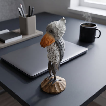 A low-poly Shoebill figurine with a textured gray body and orange beak, standing on a small wooden base on a dark gray desk next to a closed laptop, a mug of coffee, and office accessories.