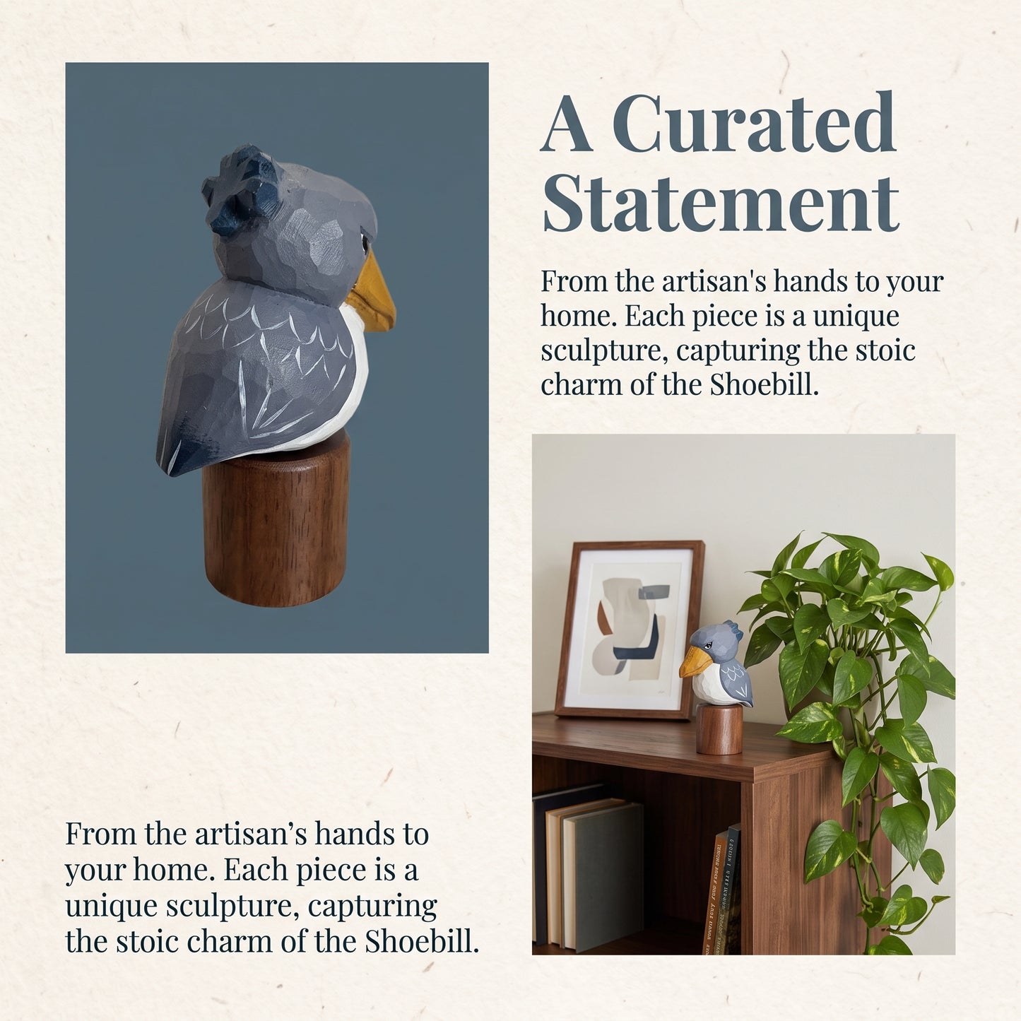 A styled promotional graphic for a small Baby Shoebill sculpture. The left panel shows a close-up of a gray and white bird sculpture with a yellow beak mounted on a round wooden base against a muted blue-gray background.