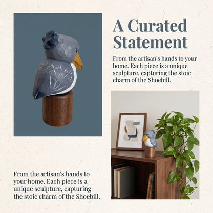 A styled promotional graphic for a small Baby Shoebill sculpture. The left panel shows a close-up of a gray and white bird sculpture with a yellow beak mounted on a round wooden base against a muted blue-gray background.