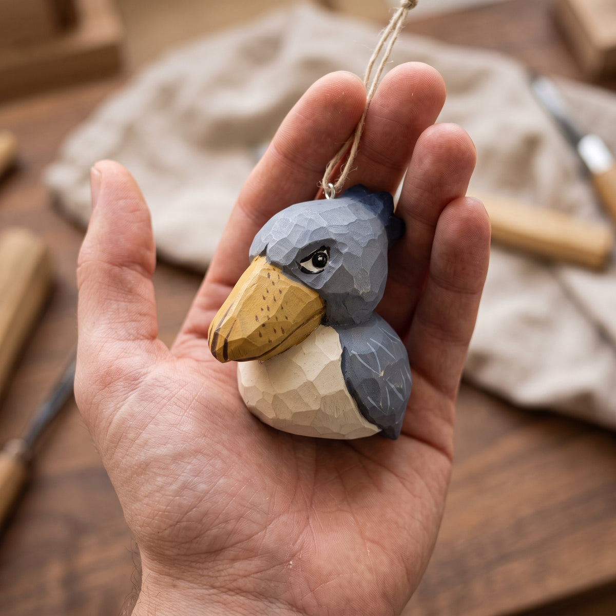 Shoebill Hanging Ornament - Hand-Carved Basswood Bird Figurine