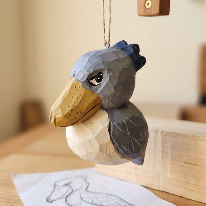 Shoebill Hanging Ornament - Hand-Carved Basswood Bird Figurine
