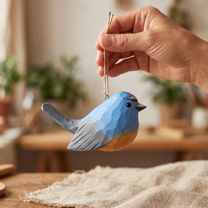 A hand holds a small Snowy-browed flycatcher bird-shaped hanging ornament with a natural wood twine loop. The ornament has a geometric, faceted finish in shades of blue, gray, and warm orange on the belly, set against a softly blurred indoor background.