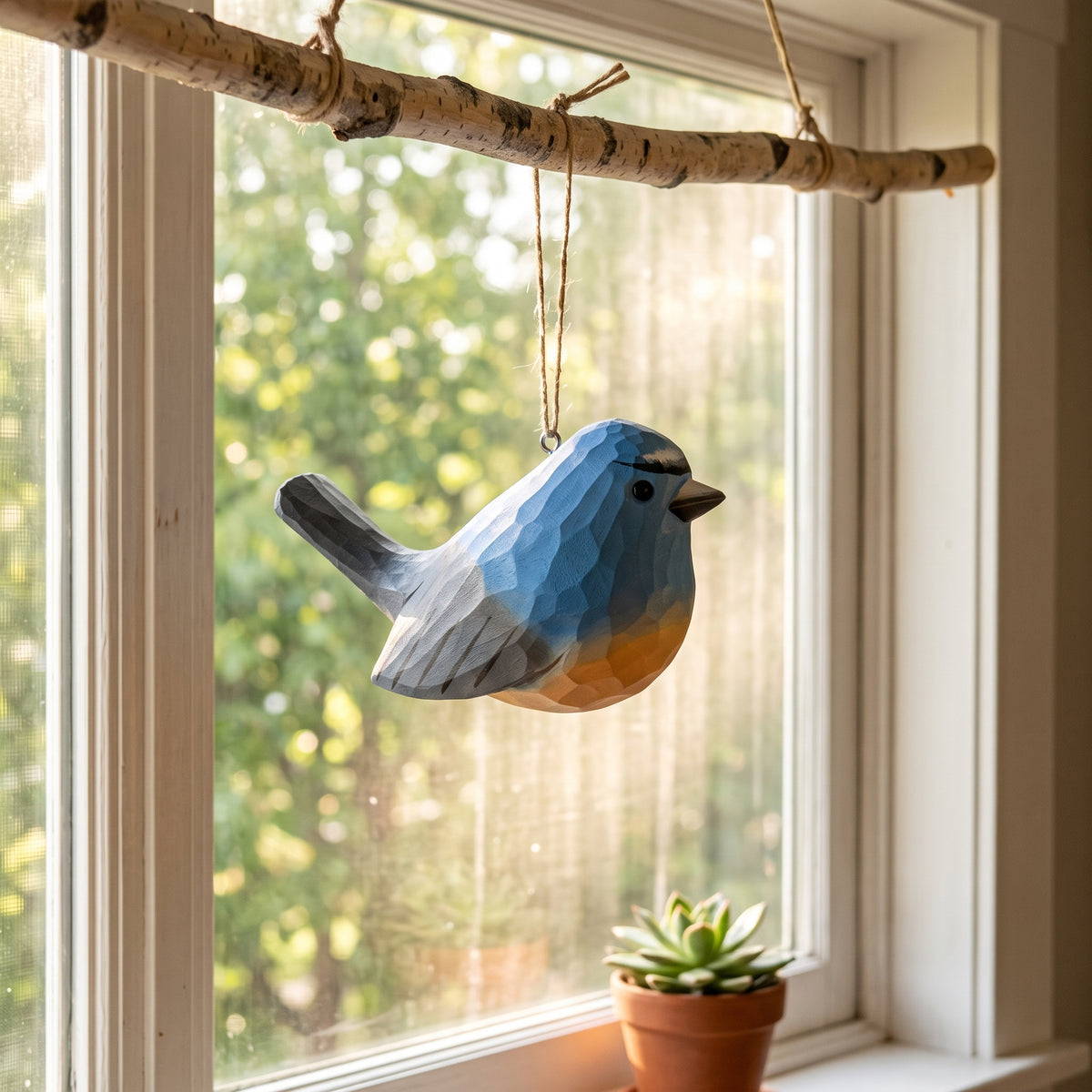 A geometric, faceted Snowy-browed flycatcher bird-shaped hanging ornament in shades of blue, gray, and orange, suspended from a birch branch in front of a bright window.