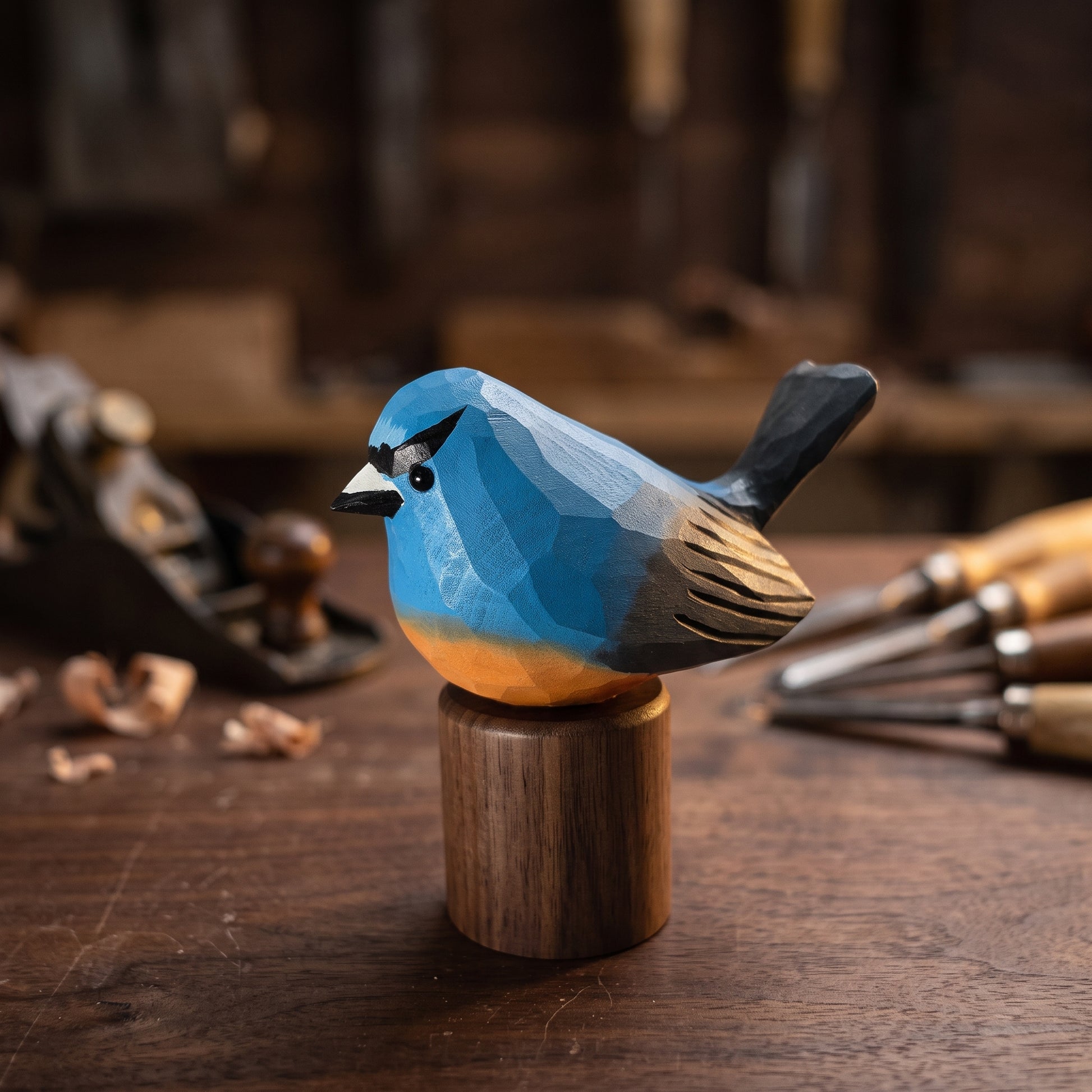 A hand-carved wooden Snowy-browed flycatcher figurine with a bright blue back, black beak and tail, and a warm orange belly, mounted on a small cylindrical wooden base on a dark workbench.