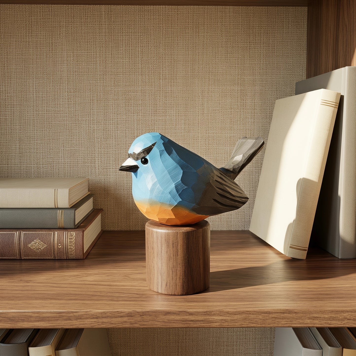 A geometric Snowy-browed flycatcher figurine with a blue, gray, and orange color scheme, displayed on a wooden cylinder stand on a wooden shelf next to books.