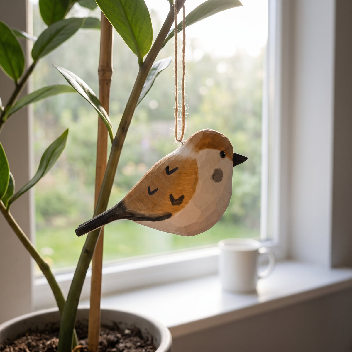 Hand-carved basswood sparrow hanging ornament displayed on an indoor plant near a sunlit window
