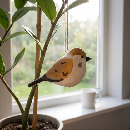 Hand-carved basswood sparrow hanging ornament displayed on an indoor plant near a sunlit window