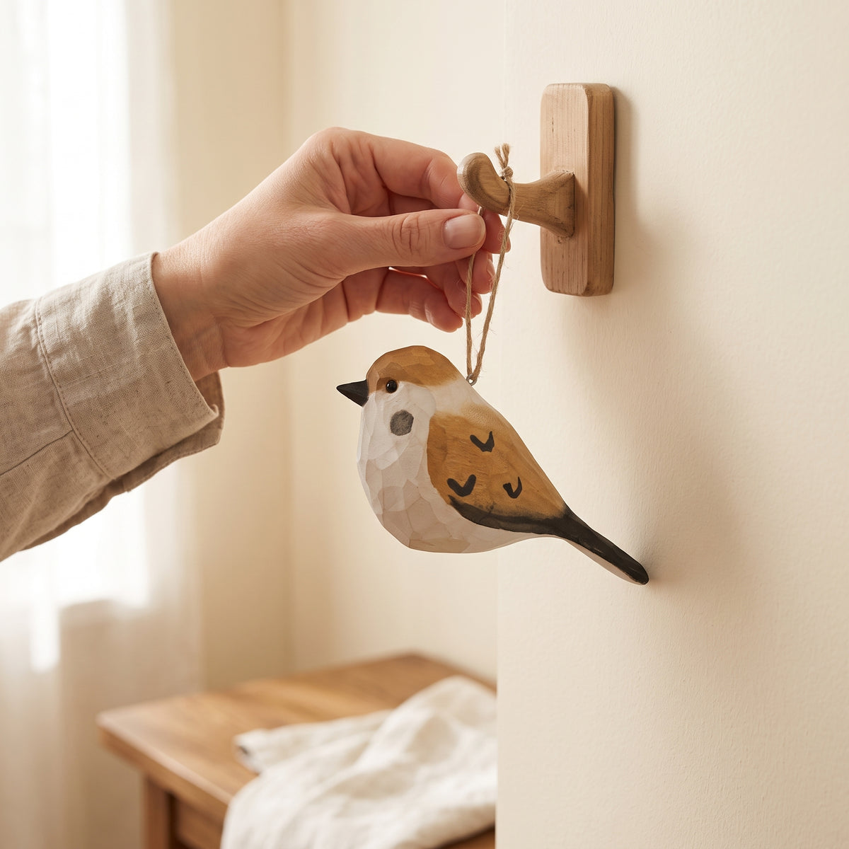 Hand hanging a hand-carved basswood sparrow ornament on a wooden wall hook