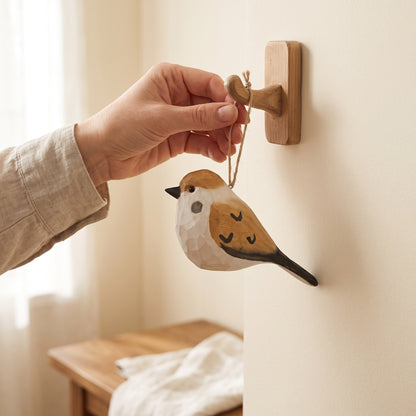 Hand hanging a hand-carved basswood sparrow ornament on a wooden wall hook
