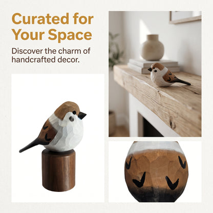 Handcrafted Sparrow Figurine | Basswood Bird Sculpture with Black Walnut Base
