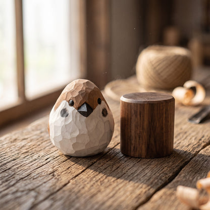 Handcrafted Sparrow Figurine | Basswood Bird Sculpture with Black Walnut Base