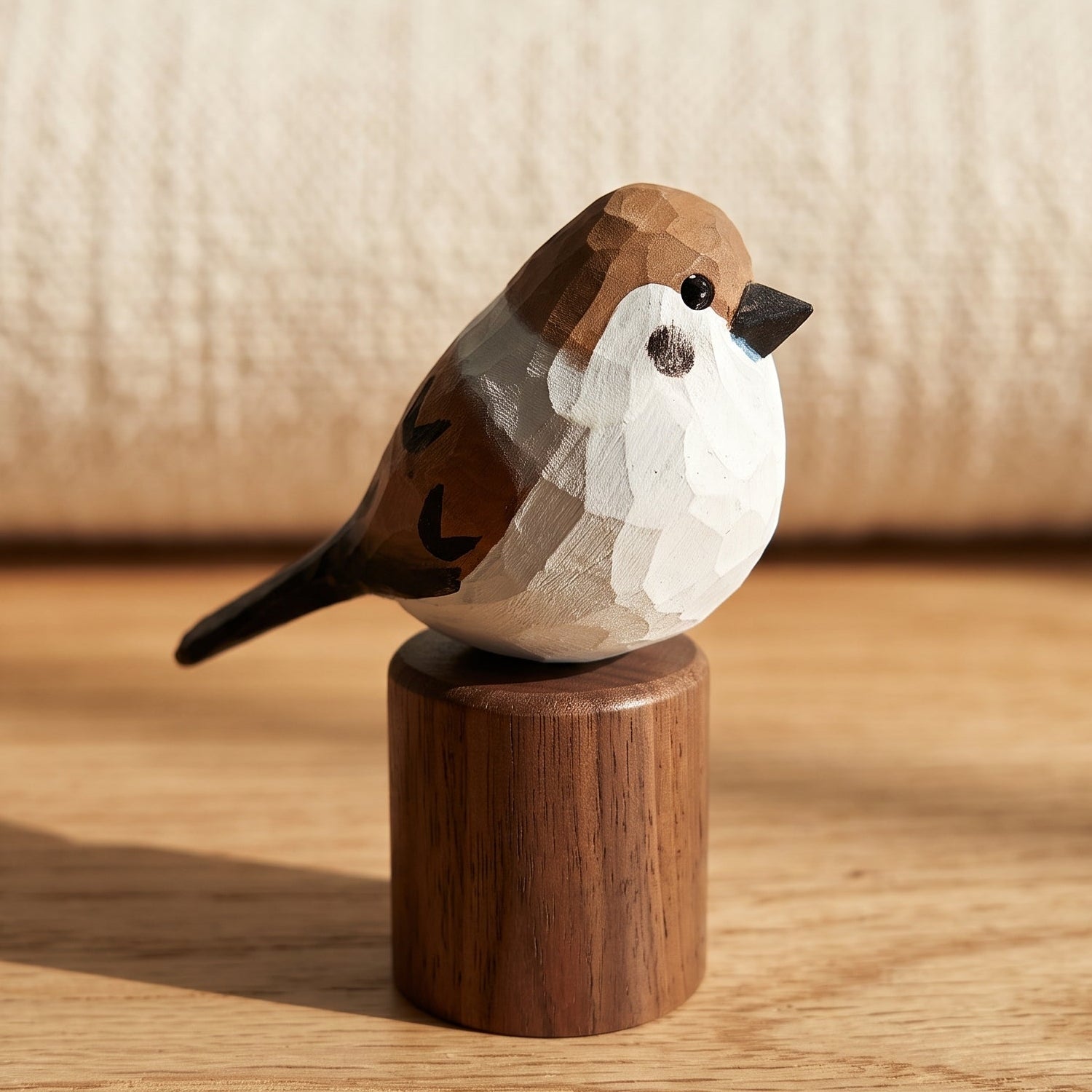 A small carved wooden Sparrow figurine with a brown, white, and black patterned body, perched on a cylindrical dark wood base on a light wood surface.