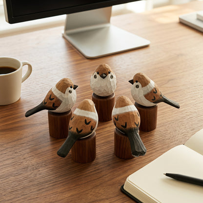 Five hand-carved wooden Sparrow  figurines with brown, white, and black painted details, displayed on small wooden stands on a wooden desk next to a coffee mug and an open notebook.
