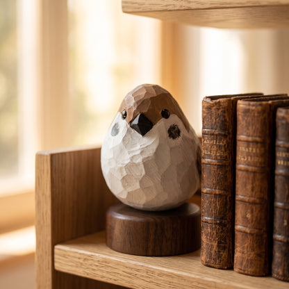 Hand-carved wooden sparrow figurine on a dark walnut base sitting on a wooden bookshelf next to antique books.