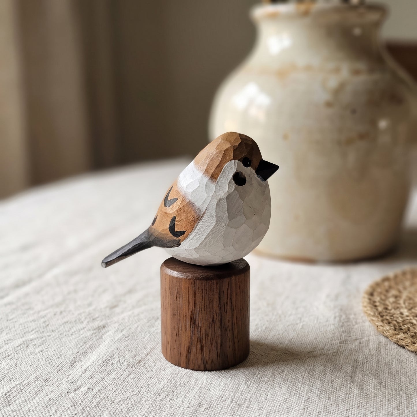 A hand-carved wooden Sparrow  figurine with a faceted geometric pattern, perched on a small cylindrical wooden base. The bird features natural wood tones of brown, beige, and white, with a small black beak.