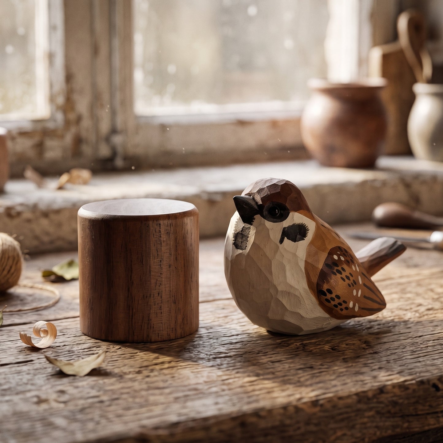 Hand-carved wooden sparrow figurine on a rustic wooden workbench next to a cylindrical wood block.