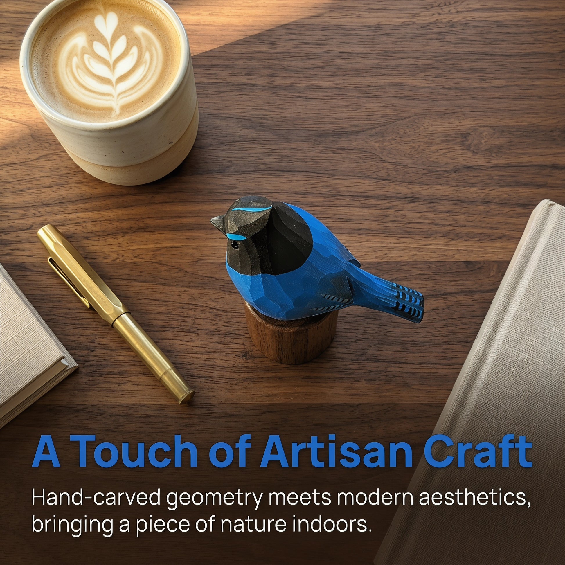 A blue and black geometric stellers jay figurine displayed on a wooden desk alongside a cup of latte, a gold pen, and books, with the text 'A Touch of Artisan Craft' overlaid at the bottom.