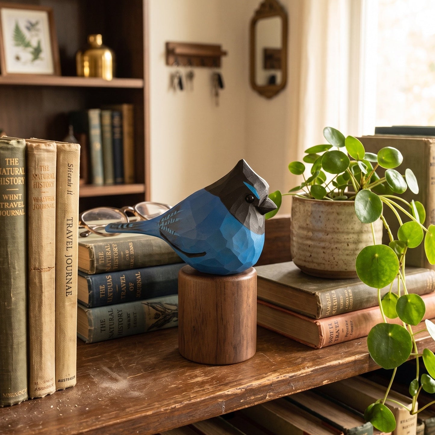 A blue and gray geometric wooden stellers jay figurine displayed on a wooden pedestal on a bookshelf, surrounded by vintage books, a potted plant, and a bookshelf in a warm, sunlit room.