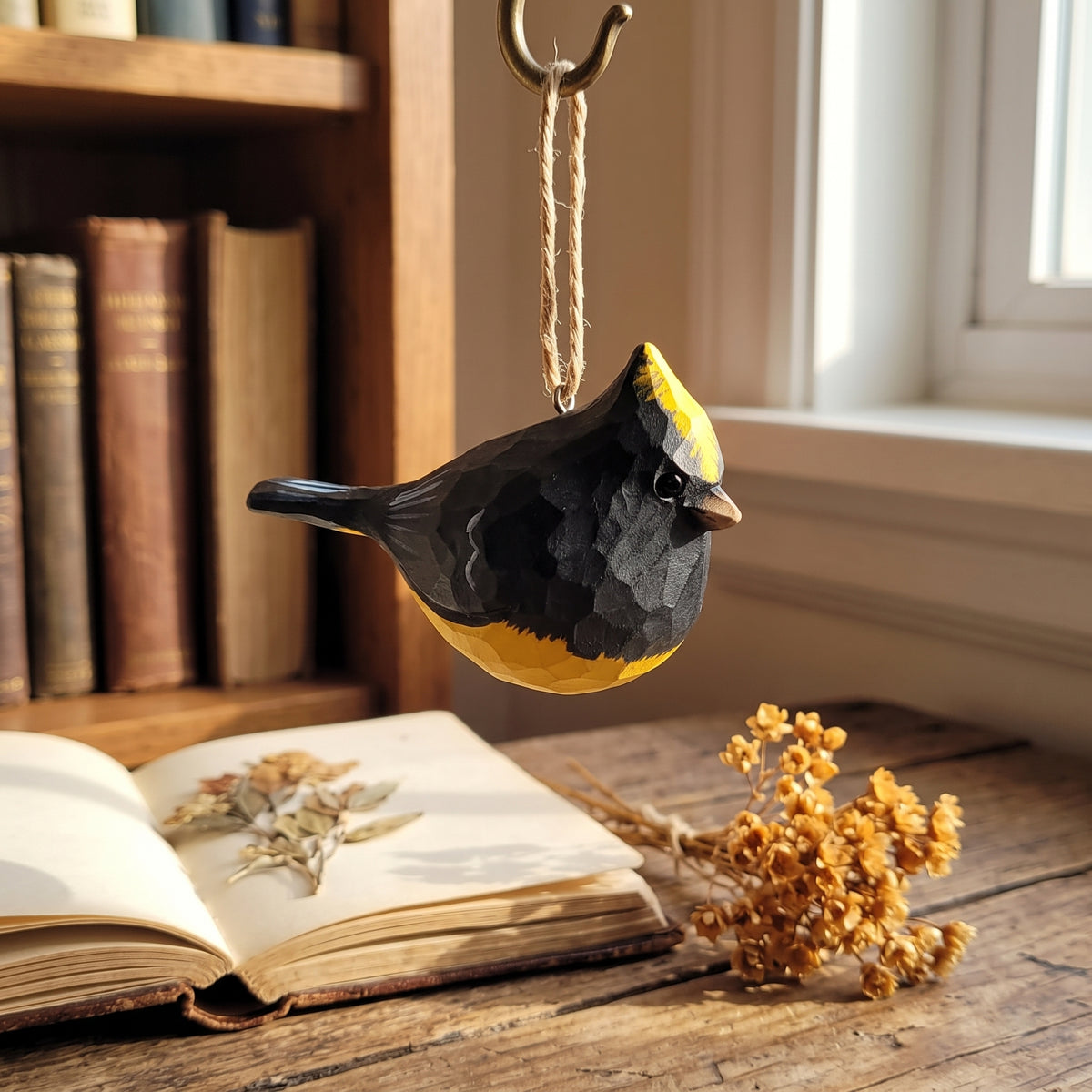 Hand-carved wooden Sultan Tit bird ornament hanging near a sunny window next to a bookshelf and open book