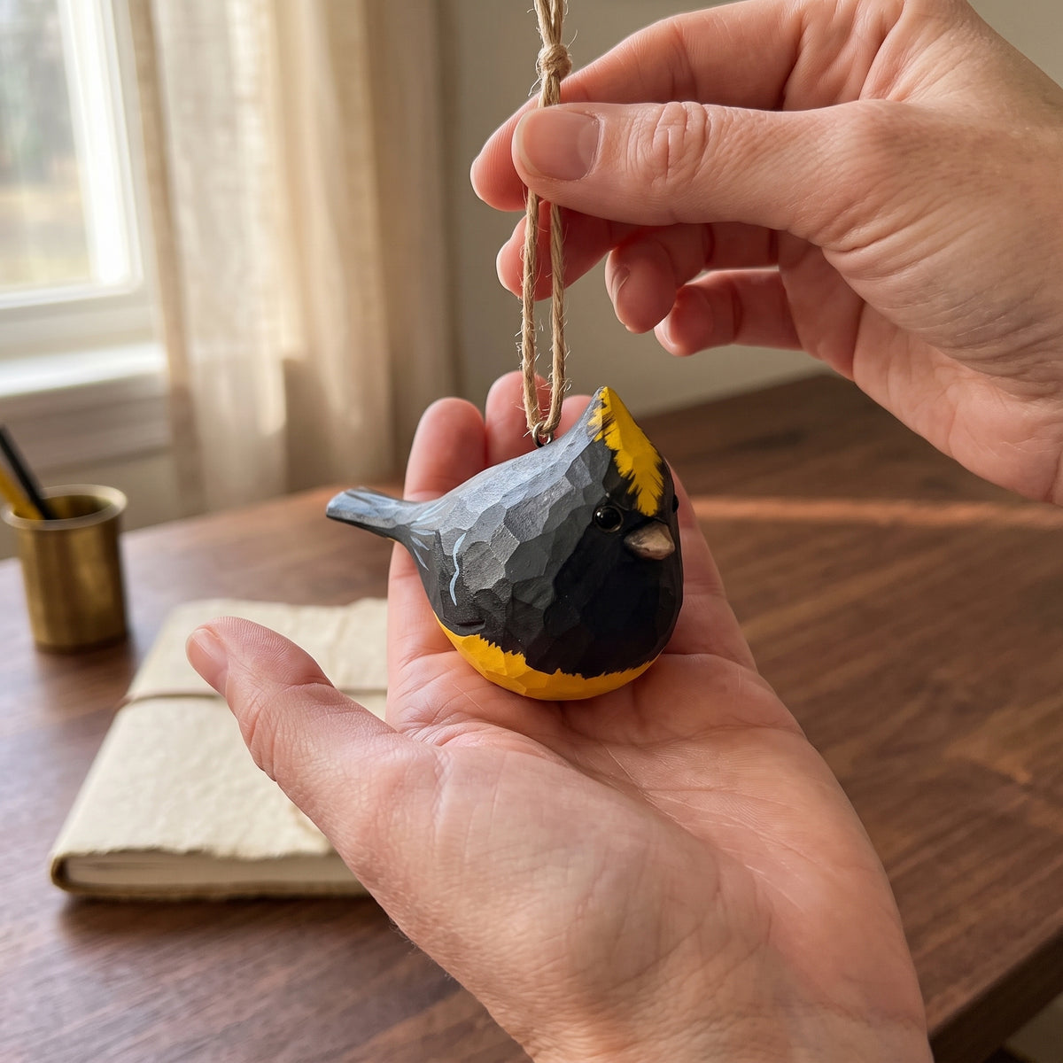 Person holding a 4-inch hand-carved wooden Sultan Tit bird ornament with a jute loop in their hands