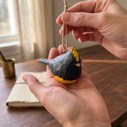 Person holding a 4-inch hand-carved wooden Sultan Tit bird ornament with a jute loop in their hands