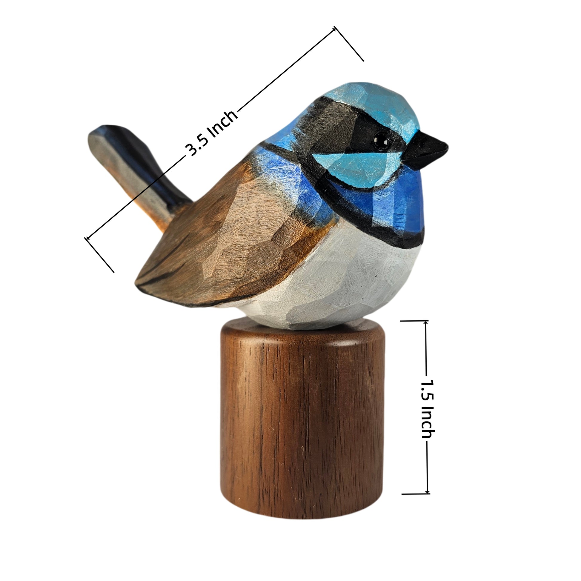 A small painted Superb Fairywren sculpture on a cylindrical wooden base, shown against a plain white background with dimension lines indicating 3.5 inch length and 1.