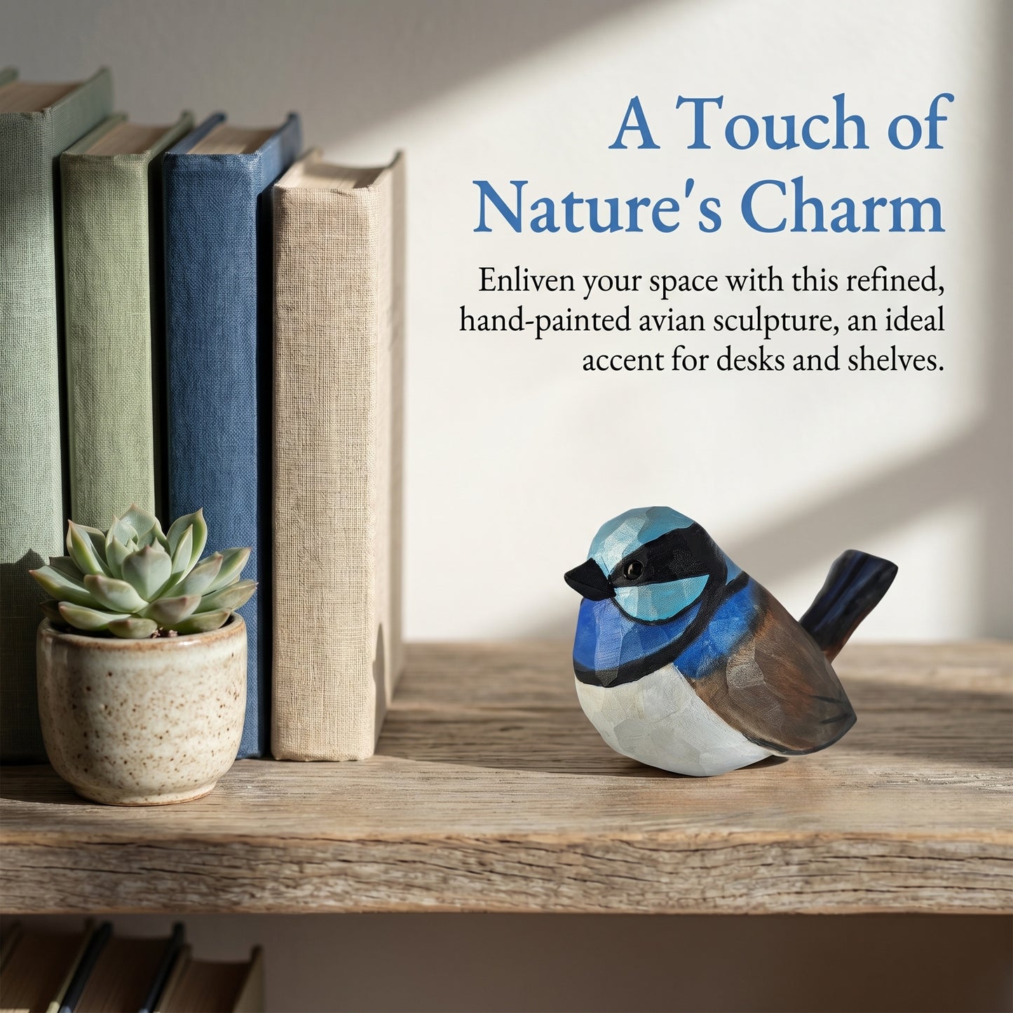 A hand-painted Superb fairywren sculpture in blue, white, black, and brown sits on a rustic wooden shelf beside books and a small potted succulent, with promotional text reading 'A Touch of Nature's Charm'.