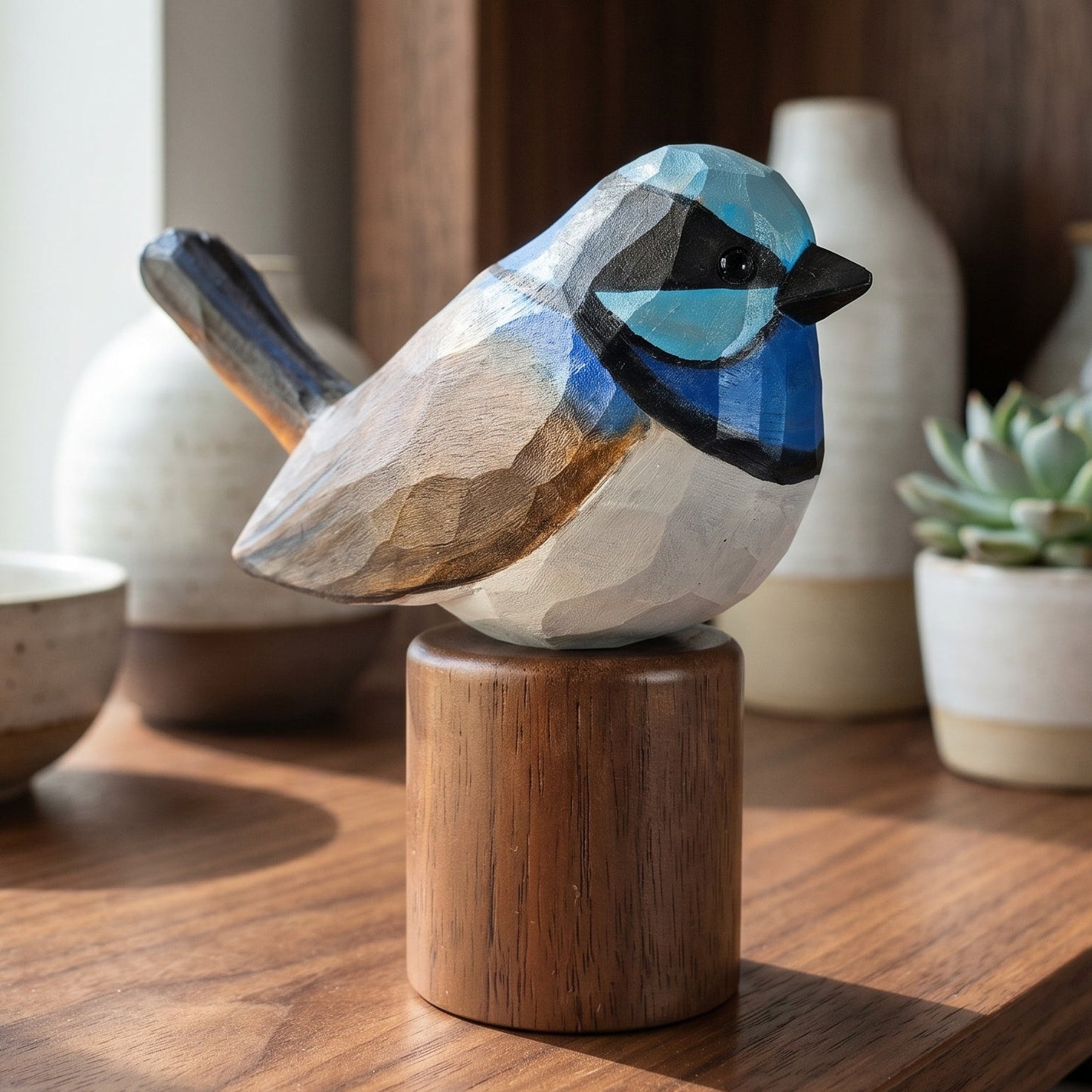 Hand-carved wooden Superb Fairywren figurine with bright blue plumage and black facial markings, mounted on a Black Walnut base on a sunlit wooden shelf.