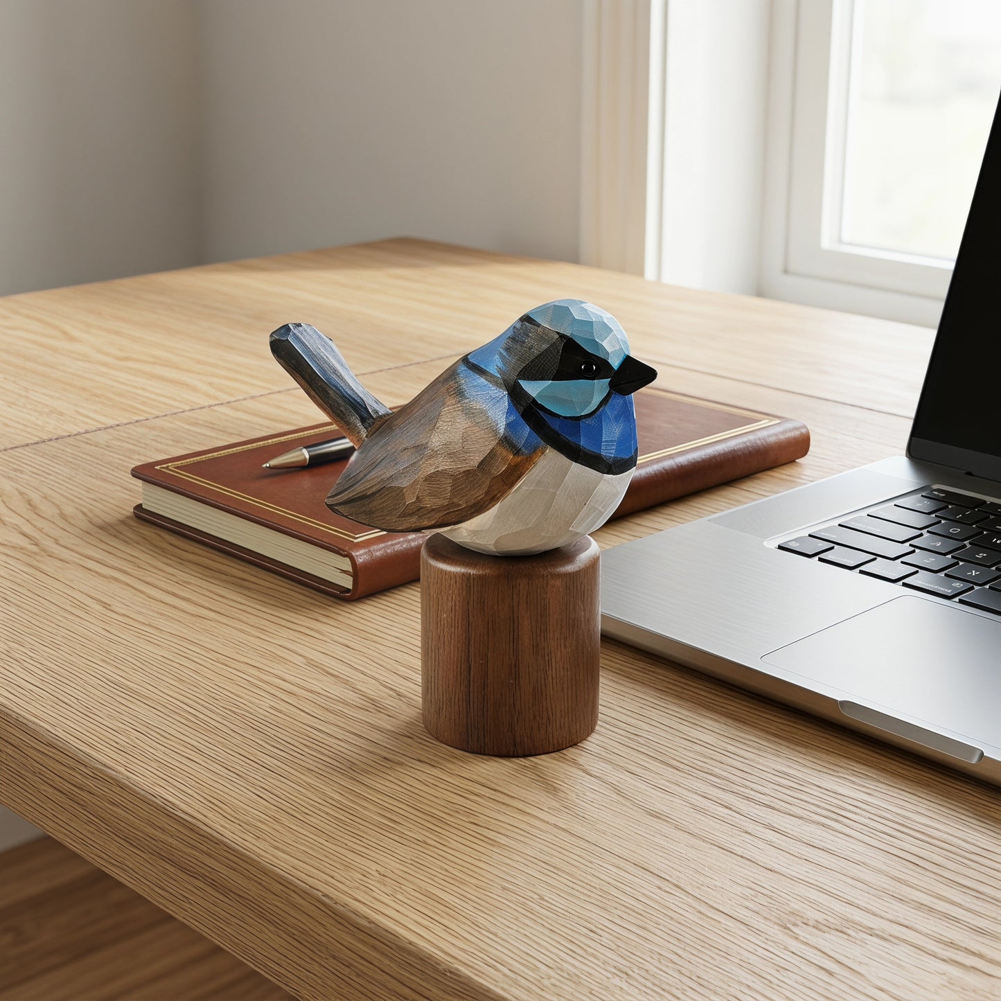A geometric wooden Superb fairywren figurine with blue, brown, and white facets sits on a cylindrical wooden base on a light oak desk next to a laptop and notebook.