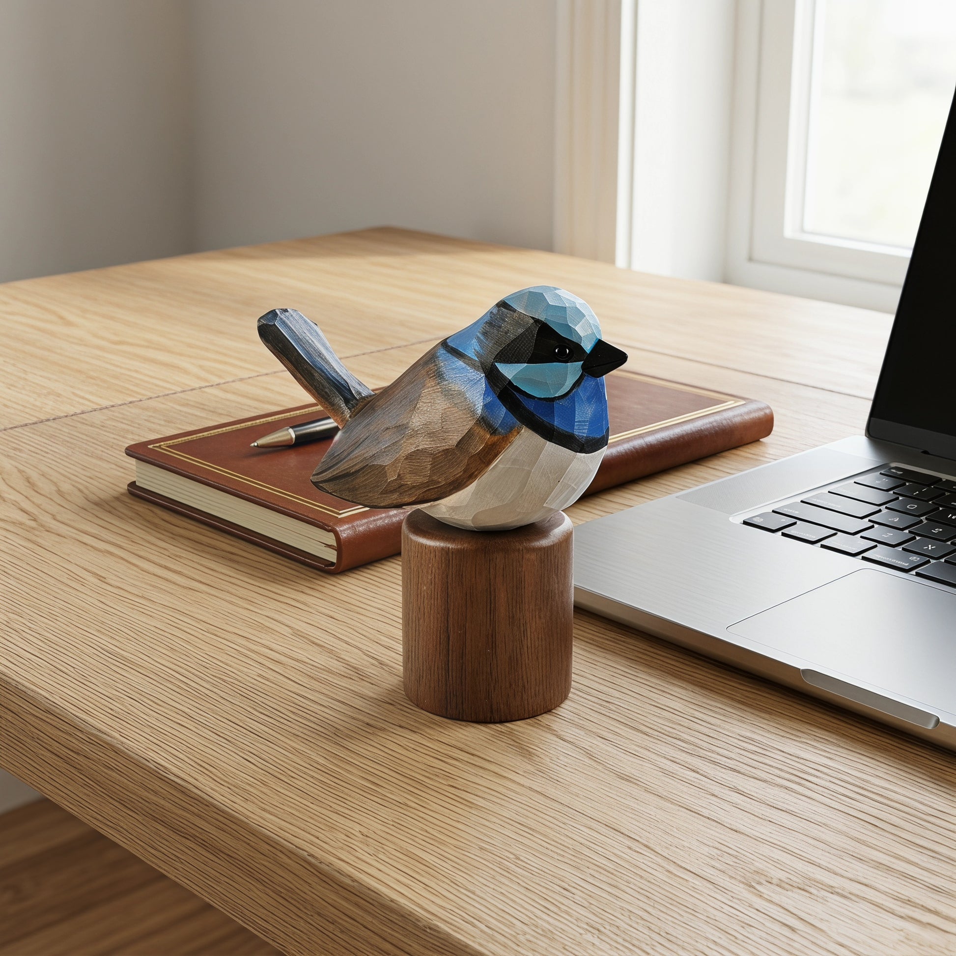A geometric wooden Superb fairywren figurine with blue, brown, and white facets sits on a cylindrical wooden base on a light oak desk next to a laptop and notebook.
