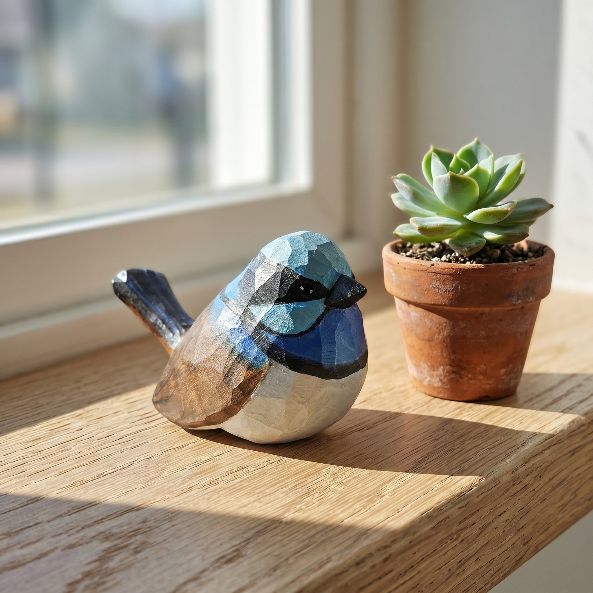 A geometric Superb fairywren figurine with blue, black, brown, and white facets sits on a wooden windowsill next to a small potted succulent.