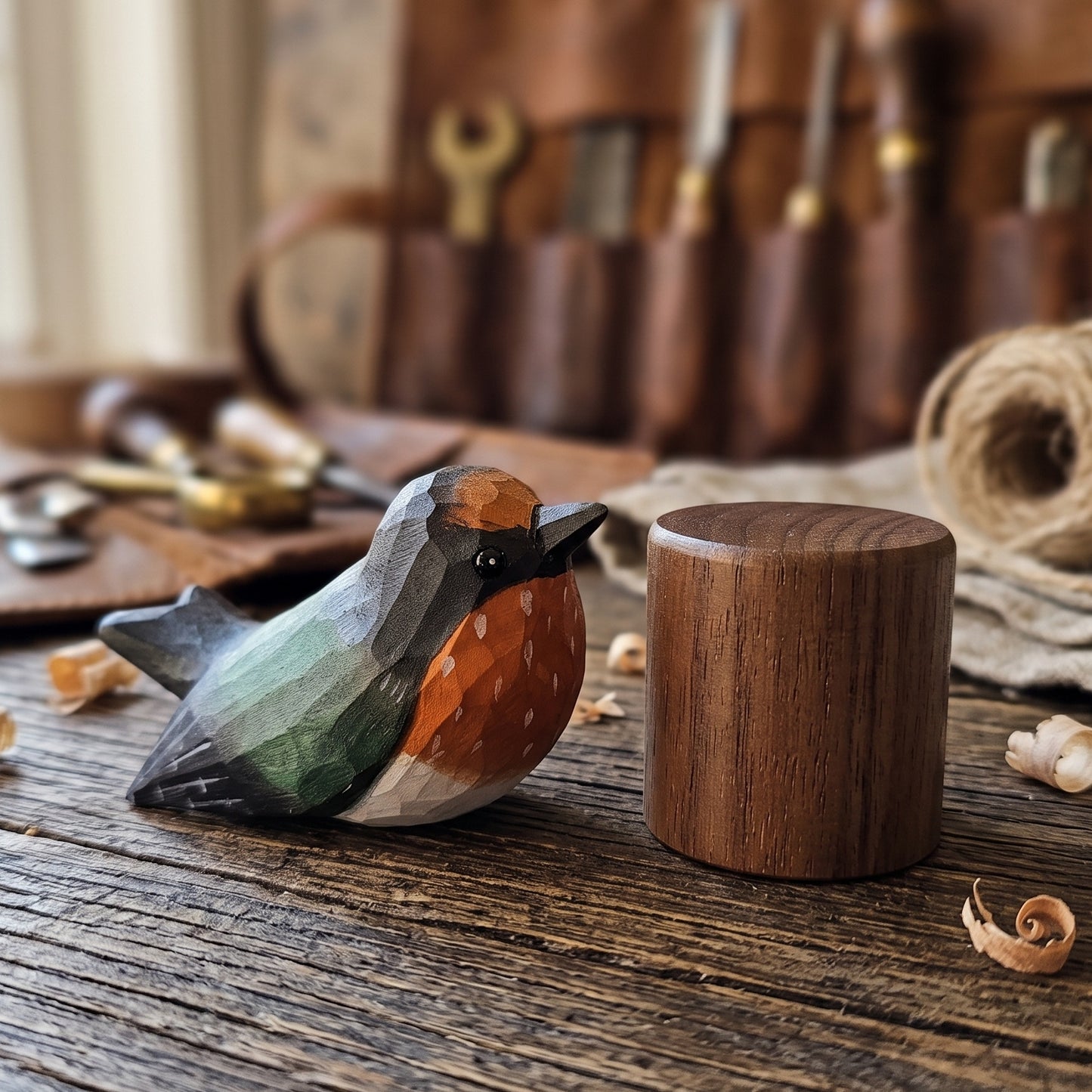 A handcrafted wooden Swallow figurine with geometric facets in green, orange, white, and black, standing beside a matching round wooden cylinder on a rustic wooden workbench with woodworking tools blurred in the background.
