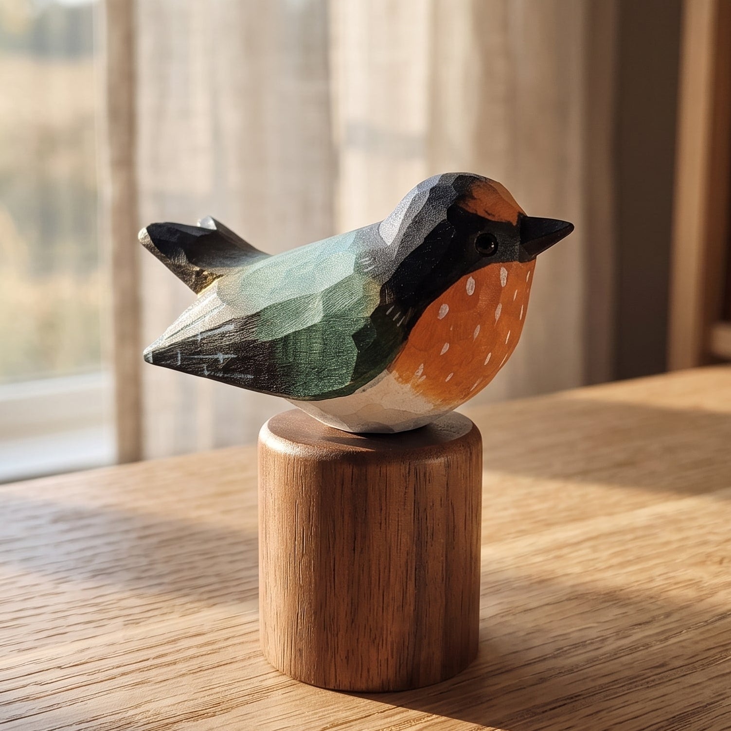 A handcrafted wooden Swallow figurine with painted green, orange, and white feathers, mounted on a cylindrical wooden base and displayed on a wooden table near a window.