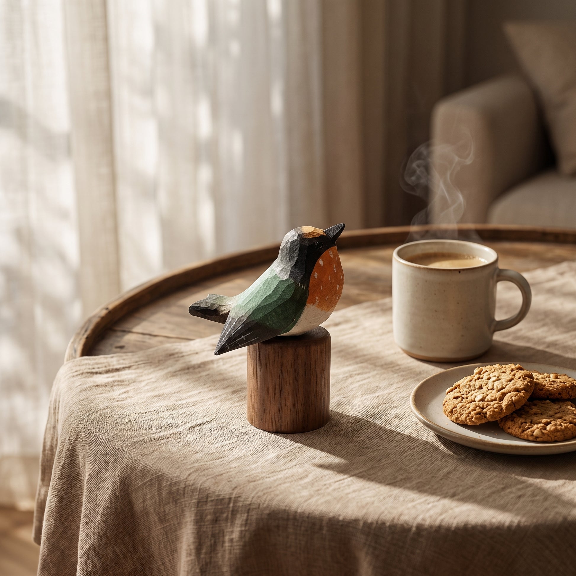 A small hand-painted Swallow figurine perched on a wooden block, displayed on a linen-covered table next to a mug of coffee and cookies in a warm, sunlit room.
