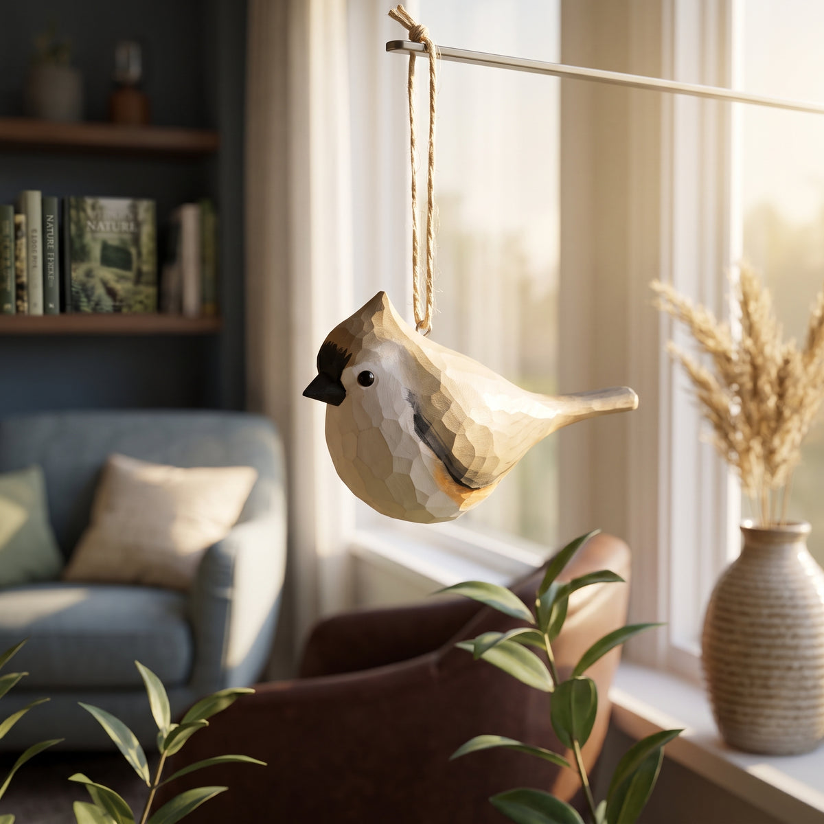 A faceted wooden Tufted titmouse hanging ornament in cream and brown tones, suspended by a rope from a window rod in a softly lit living room.