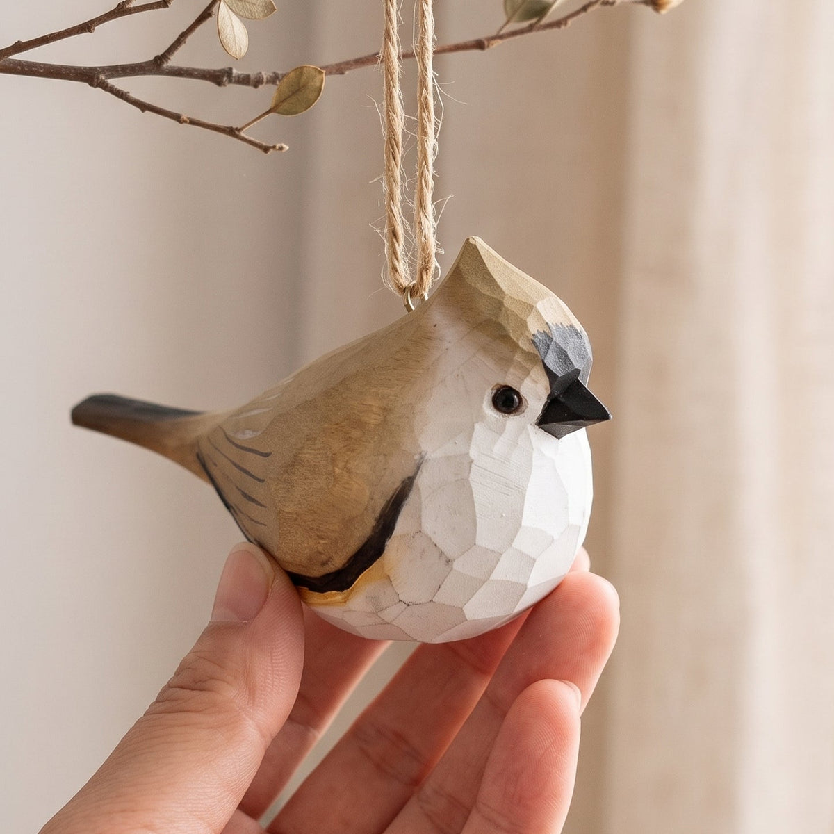 A hand holds a small Tufted titmouse -shaped ornament with a faceted geometric design. The ornament is tan and white with a black beak and a gray crest, hanging from a twine loop attached to a small branch.